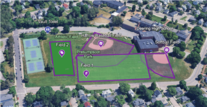 Map with shaded polygons for each athletic facility